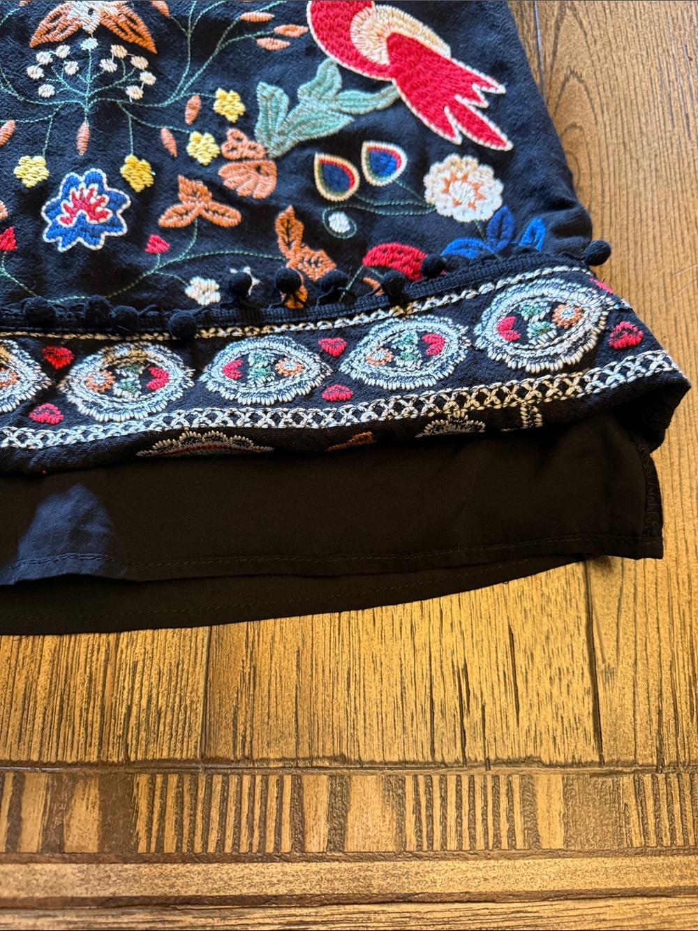 Altar'd State Black Boho Mini Skirt with Birds & Multicolor Floral Embroidery - Picture 8 of 9